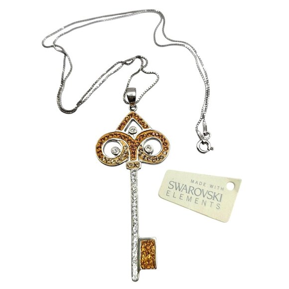 Sterling Silver 925 Key Pendant Necklace Swarovski Crystals 18" - Picture 1 of 16